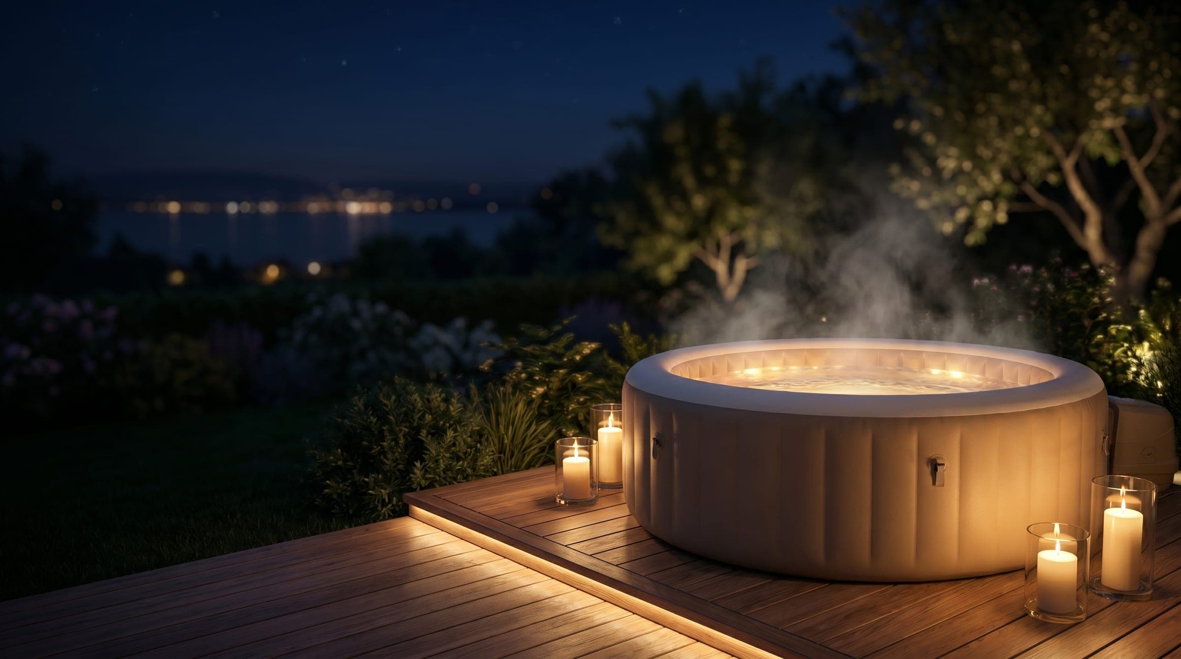 Spa privatif KINGSPA installé sur une terrasse en bois à la tombée de la nuit, face au lac