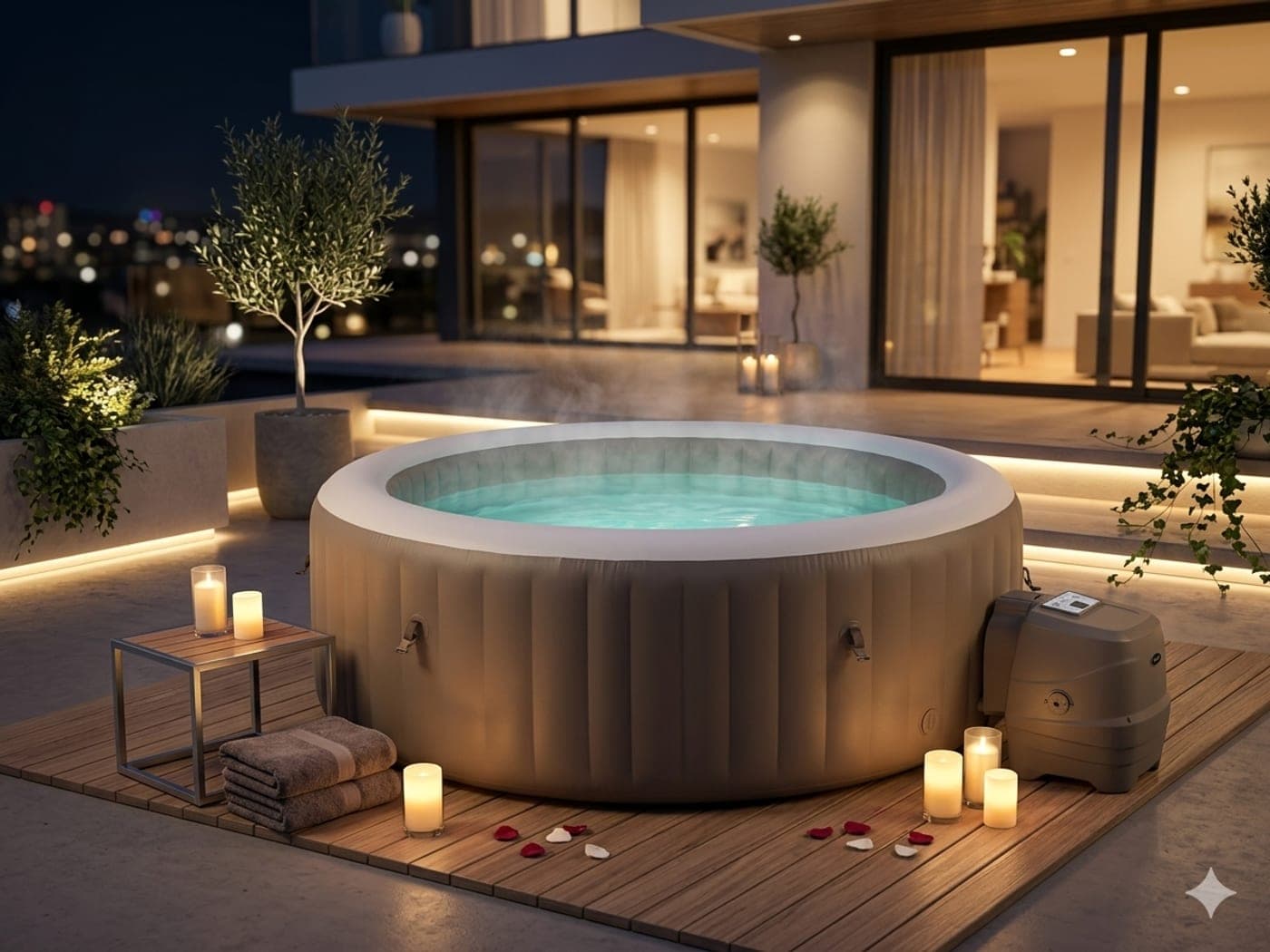 Spa gonflable KINGSPA Intime installé sur une terrasse en bois